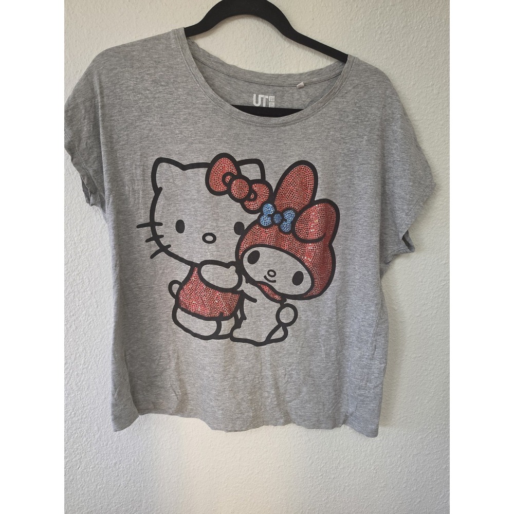 Uniqlo Women S Gray Graphic Print Cotton T-Shirt Short Sleeve Crew Neck Tee Top
